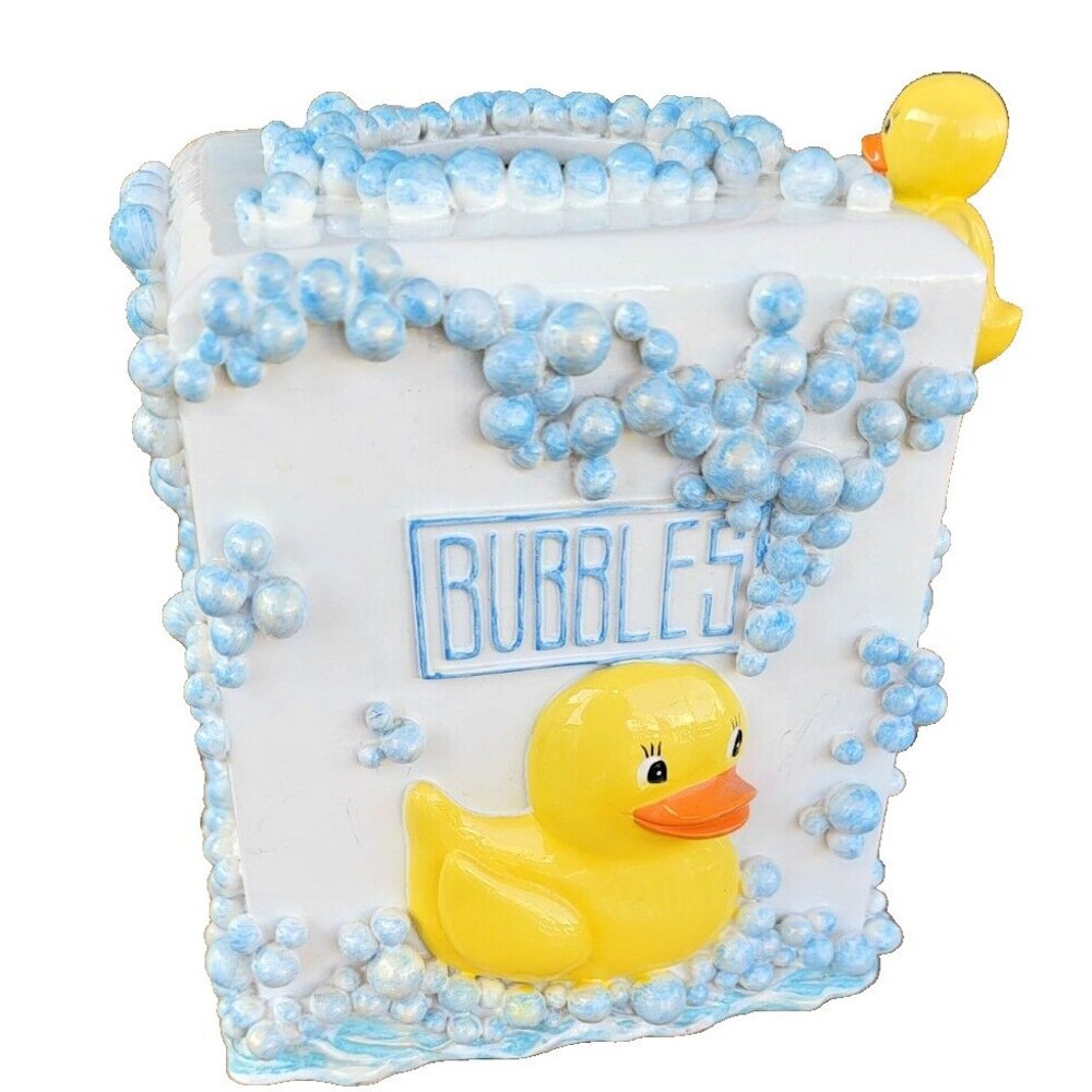 Vintage Yellow Rubber Duckies Bubbles 3D Art Ceramic Tissue Box Holder Cover